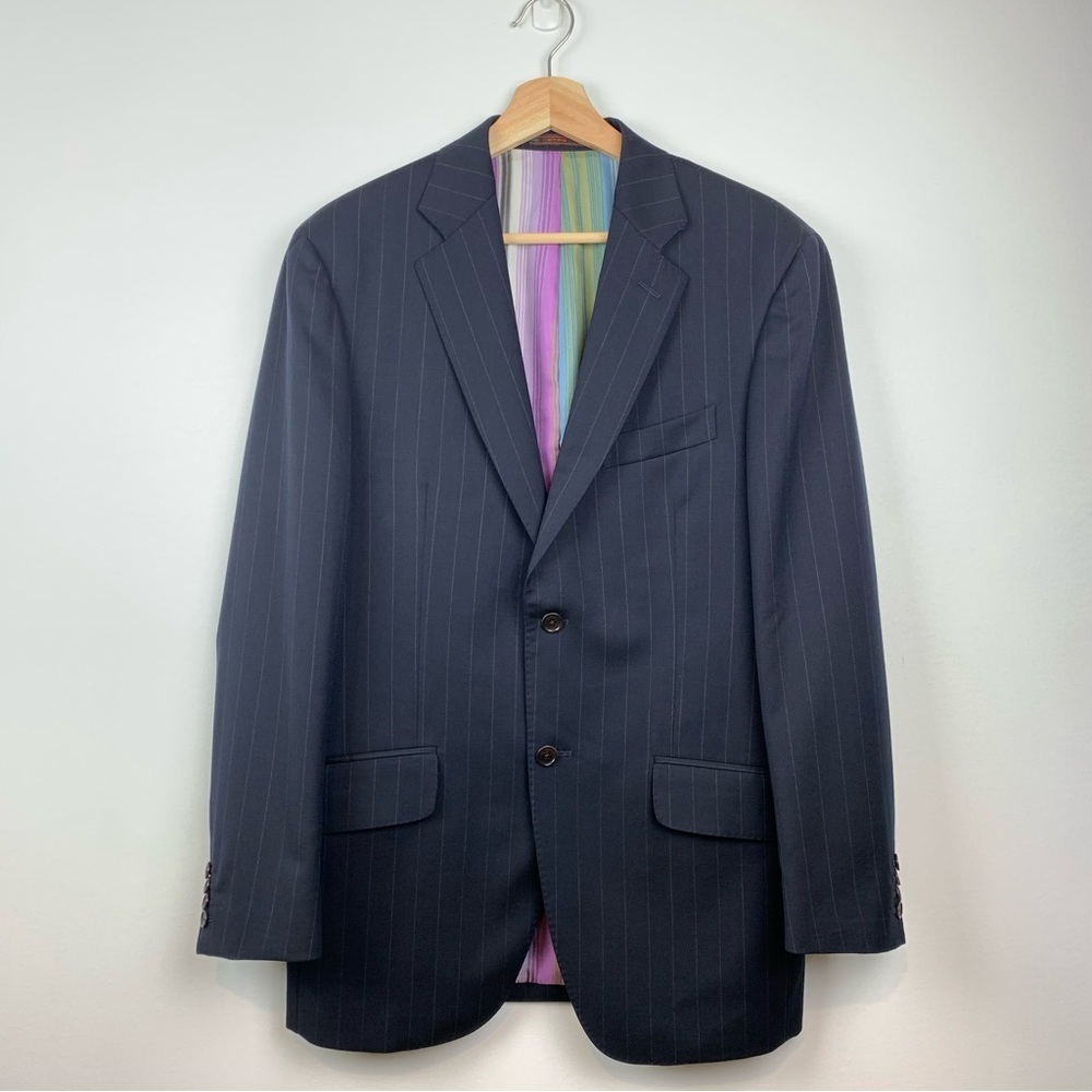 Etro Blazer Striped Sz 48 Navy Wool Silk Lining Italy 2 Buttons Classic Elegant